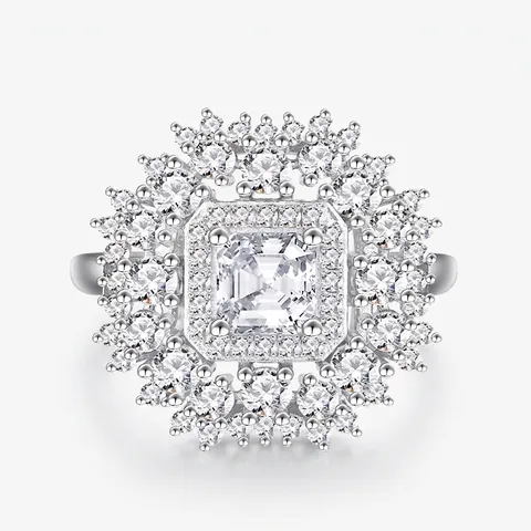 Anello Halo in Argento Sterling 925 con Zirconia a Taglio Quadrato Design a Girasole Gioielli da Festa per Donna Argento