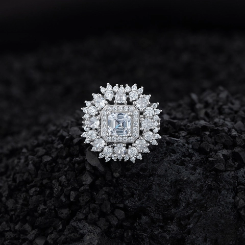 Anello Halo in Argento Sterling 925 con Zirconia a Taglio Quadrato Design a Girasole Gioielli da Festa per Donna Argento