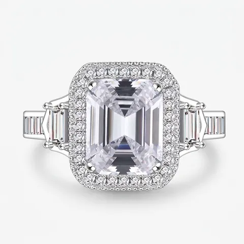 Luxury 925 Sterling Silver Emerald Cut Zirconia Halo Ring For Women Engagement Wedding Band Party Jewelry Ring Gift