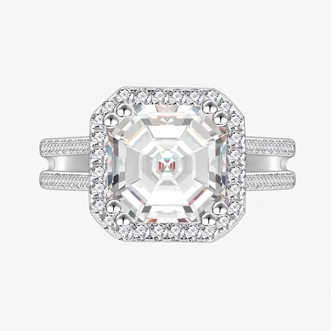925 Sterling Silver Square Asscher Cut Zirconia Halo Ring For Women Luxurious Double Shank Split Band Wedding Jewelry