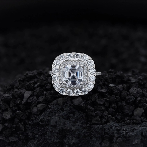Luxury 925 Sterling Silver Square Zirconia Ring For Women Pave Double Halo Asscher Cut Electroplated Personality Jewelry Gift