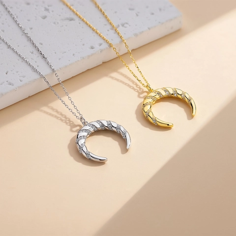925 Sterling Silver Crescent Moon Pendant Necklace Zirconia Spiral Twisted 14K Gold Plated Clavicle Chain For Women Jewelry Gift