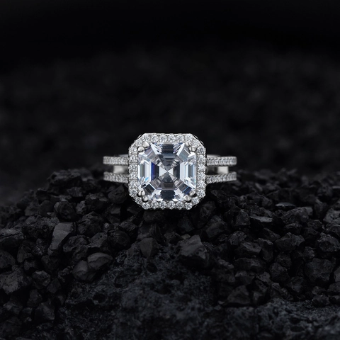 925 Sterling Silver Square Asscher Cut Zirconia Halo Ring For Women Luxurious Double Shank Split Band Wedding Jewelry