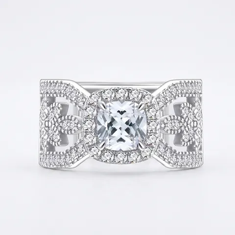 Vintage 925 Sterling Silver Cushion Cut Zirconia Halo Ring Luxury Wide Hollow Leaf Design Micro Pave Wedding Band For Women