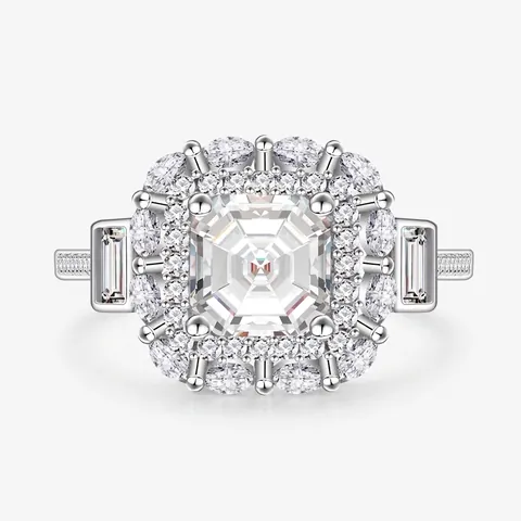 925 Sterling Silver Asscher Cut Zirconia Ring Vintage Luxurious Square Halo Engagement Ring For Women Jewelry