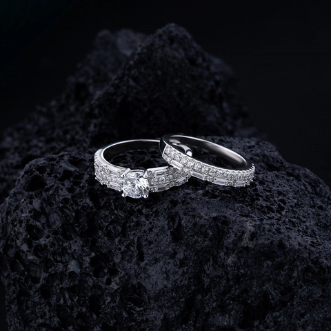925 Sterling Silver Zirconia Engagement Eternity Band Rings For Women Geometric Inlaid Luxury Jewelry Silver Tone