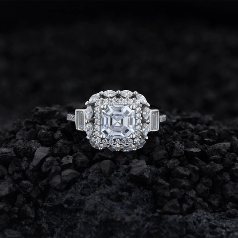 925 Sterling Silver Asscher Cut Zirconia Ring Vintage Luxurious Square Halo Engagement Ring For Women Jewelry