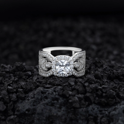 Vintage 925 Sterling Silver Cushion Cut Zirconia Halo Ring Luxury Wide Hollow Leaf Design Micro Pave Wedding Band For Women