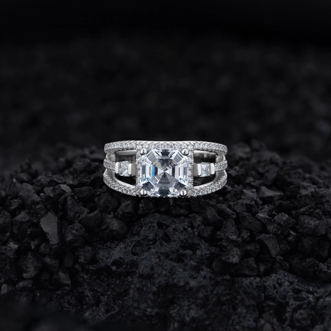 Luxe 925 Sterling Zilveren Vierkante Strass Ring Voor Dames Elegante Drielaagse Pavé Ingelegde Gesimuleerde Diamanten Ring