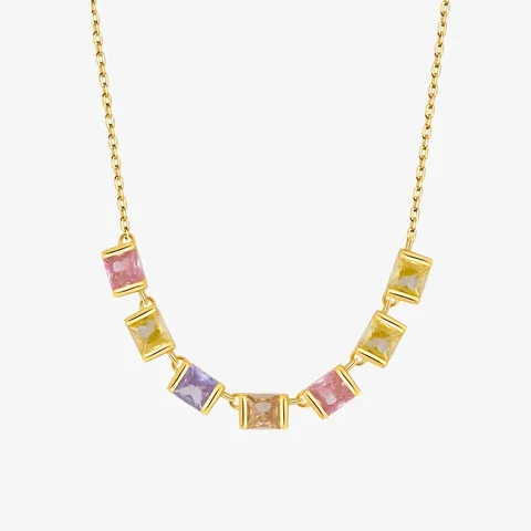 Collier en Argent Sterling 925 avec Zirconia Carré Coloré pour Femme Douce Pendentif Géométrique Arc-en-Ciel Bijoux Fantaisie
