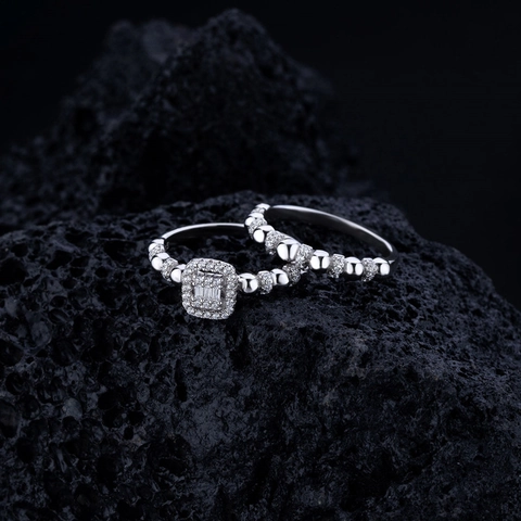 925 Sterling Silver Rectangular Halo Beaded Ring Set With Shiny Rhinestone Pave Finger Rings Wedding Party Fashion Jewelry Gift