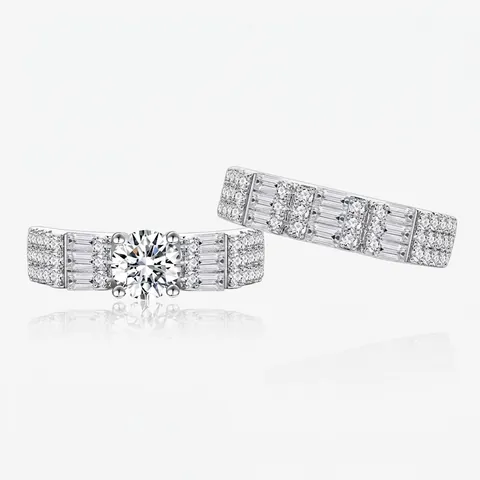 925 Sterling Silver Ring Set For Women Elegant Round Rhinestone Engagement Ring Pave Baguette Cut Wedding Band Jewelry