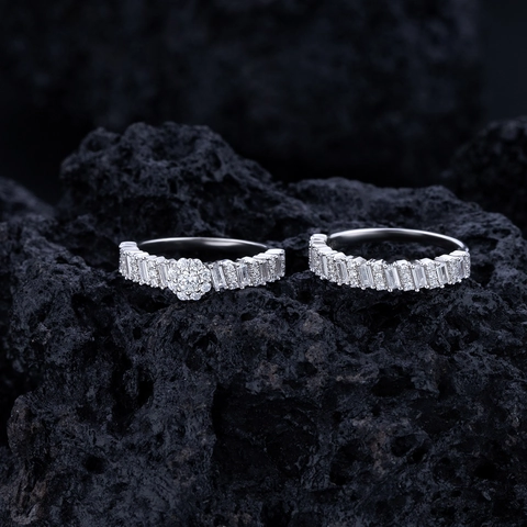 Set di Anelli in Argento Sterling 925 con Zirconia per Donna Taglio Baguette Grappolo di Fiori Anelli Sovrapponibili Gioielli