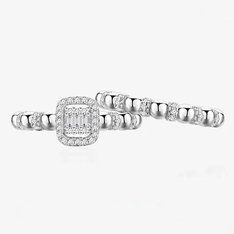 925 Sterling Silver Rectangular Halo Beaded Ring Set With Shiny Rhinestone Pave Finger Rings Wedding Party Fashion Jewelry Gift