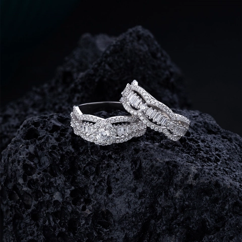 Ensemble de Bagues en Argent Sterling 925 Ondulées Pour Hommes Femmes Strass Micro-Incrustés Bagues de Couple Élégantes Pour Mariage