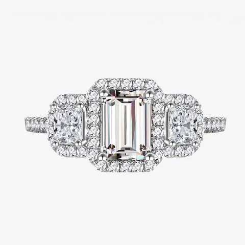 Luxe 925 Sterling Zilver Smaragdslijpsel Zirconia Halo Ring Drie Stenen Huwelijk Verloving Vingerring Mode Sieraden Voor Vrouwen