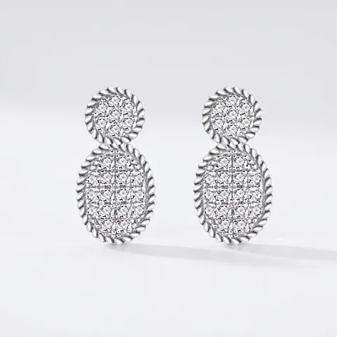 Orecchini a Bottone Ovali in Argento Sterling S925 Con Pavé di Zirconi e Bordo in Corda Intrecciata Gioielli da Donna