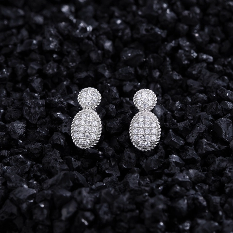 Orecchini a Bottone Ovali in Argento Sterling S925 Con Pavé di Zirconi e Bordo in Corda Intrecciata Gioielli da Donna