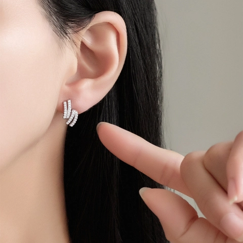 Orecchini a Bottone a Doppio Strato in Argento Sterling 925 con Zirconia per Donna Eleganti Orecchini a Linee Curve Geometriche Gioielli