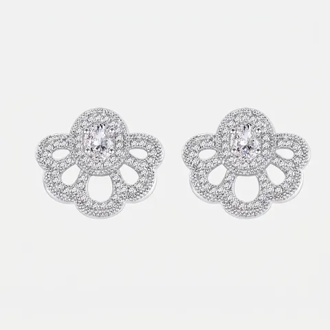925 Sterlingsilber Fächer Blume Ohrstecker Für Damen Weißgold Galvanisiert Zirkonia Eingelegt Elegant Bankett Schmuck