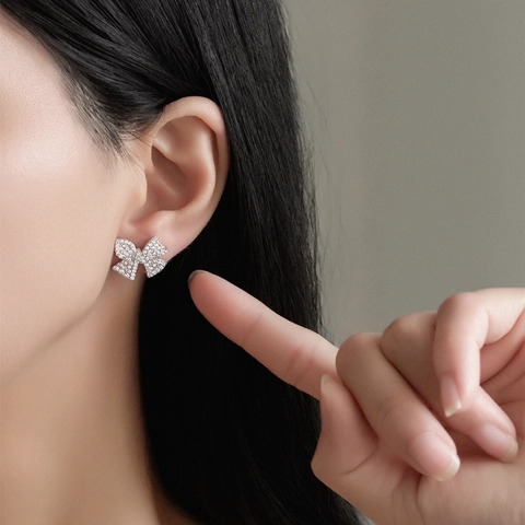 Pendientes de Botón de Lazo de Plata de Ley 925 Para Mujer Exquisitos Micro Pavé de Circonia Brillantes Elegantes Joyería Fina