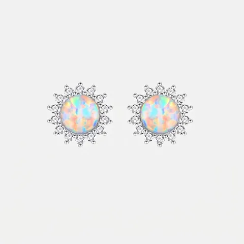 925 Sterling Silver Natural Opal Stud Earrings Classic Halo Rhinestone Sun Flower Round Elegant Jewelry For Women