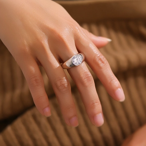 925 Sterlingsilber Herren Ring Rund Brillant Zirkonia Eingelegt Mode Siegelring Galvanisiert Weißgold Band Für Hochzeit Täglich Schmuck