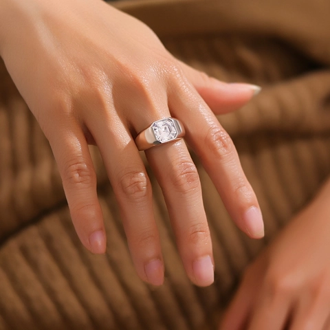 925 Sterling Silver Men Ring Geometric Square Zirconia Inlaid Electroplated Minimalist Fashion Wedding Jewelry Band Ring