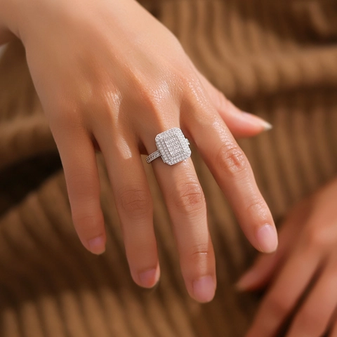 Luxury S925 Sterling Silver Zirconia Ring For Women Rectangular Micro Pave Full Drill Statement Finger Ring Wedding Party Jewelry