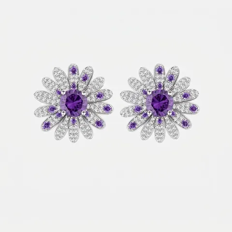Parure de Bijoux en Argent Sterling 925 Boucles d'Oreilles Marguerite Fleur Violet Zirconia Micro Pavé Strass pour Femme Cadeau Élégant