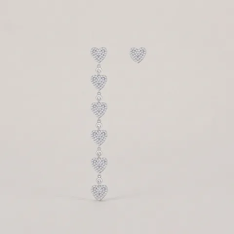 S925 Sterling Zilver Asymmetrisch Hart Lange Kwastje Oorknopjes Volledig Ingelegd Met Zirconia Luxe Mode Sieraden Dames
