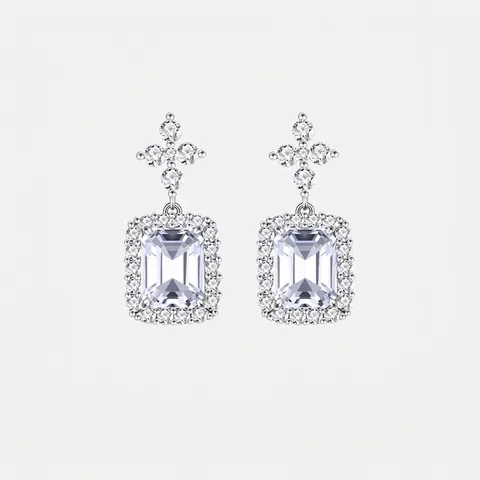 Orecchini a Bottone Halo in Zirconia Taglio Smeraldo Argento Sterling 925 Placcato Oro Bianco Gioielli Eleganti Donna
