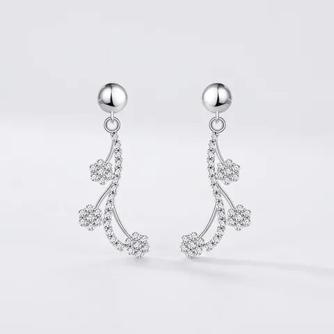 925 Sterling Silver Flower Tassel Drop Earrings For Women Zirconia Inlaid Floral Dangle Earrings Elegant High-End Jewelry