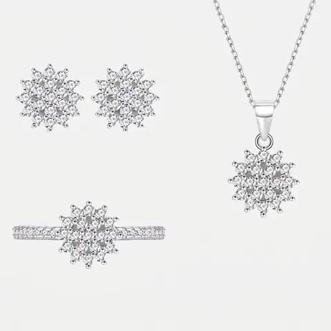 Conjunto de Joyería de Copo de Nieve de Plata de Ley 925 para Mujer Collar Pendientes de Botón Anillo Ajustable Regalo de Fiesta