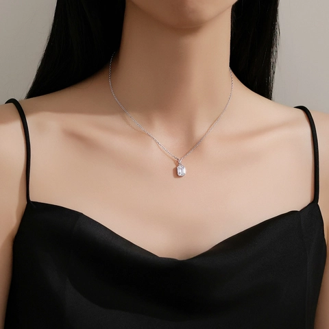 925 Sterling Silver Square Zirconia Pendant Necklace For Women Emerald Cut Elegant Minimalist Fine Jewelry Neck Chain