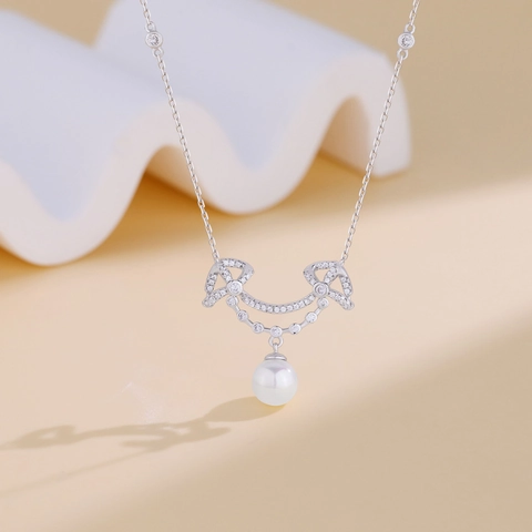925 Sterlingsilber Lächeln Anhänger Halskette Mit Künstlicher Perle Zirkonia Schleife Eingelegter Schmuck Für Damen