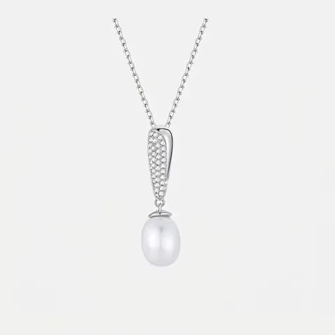 Elegant 925 Sterling Silver Artificial Pearl Pendant Necklace Luxury Rhinestone Geometric Jewelry For Women Party Wedding