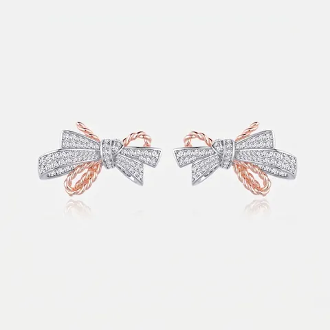 Orecchini a Bottone con Fiocco in Argento Sterling 925 da Donna Bicolore Argento Oro Rosa Zirconia Intarsiata Gioielli