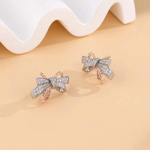 Orecchini a Bottone con Fiocco in Argento Sterling 925 da Donna Bicolore Argento Oro Rosa Zirconia Intarsiata Gioielli