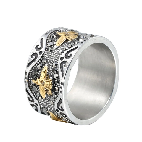 Anello da Uomo Vintage in Acciaio al Titanio con Aquila a Rilievo Fascia Larga Oro Argento Bicolore Punk Massonico Gioielli