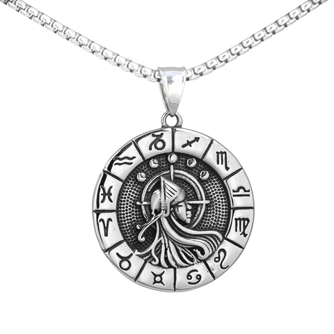 Vintage Stainless Steel Zodiac Pendant Necklace Twelve Constellations 3D Relief Round Medallion For Men Women Jewelry