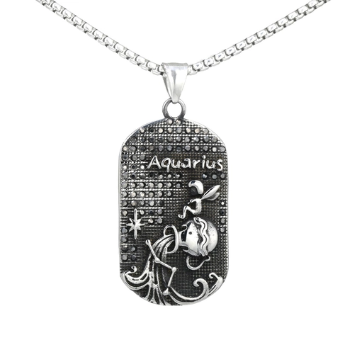 Retro Stainless Steel 12 Zodiac Constellation Dog Tag Pendant Embossed Black Rhinestone Jewelry Gift For Men Women