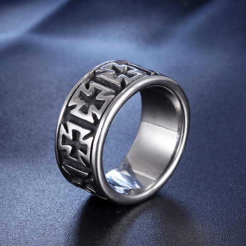Vintage Stainless Steel Cross Ring For Men Retro Punk Gothic Maltese Cross Relief Wide Band Ring Biker Jewelry Silver Color