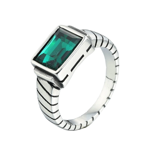 Vintage Stainless Steel Rhinestone Inlaid Ring For Men Women Emerald Cut Gemstone Grooved Band Fashion Jewelry Wedding Party Accessory