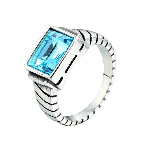 Vintage Stainless Steel Rhinestone Inlaid Ring For Men Women Emerald Cut Gemstone Grooved Band Fashion Jewelry Wedding Party Accessory