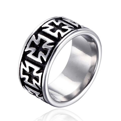Vintage Stainless Steel Cross Ring For Men Retro Punk Gothic Maltese Cross Relief Wide Band Ring Biker Jewelry Silver Color