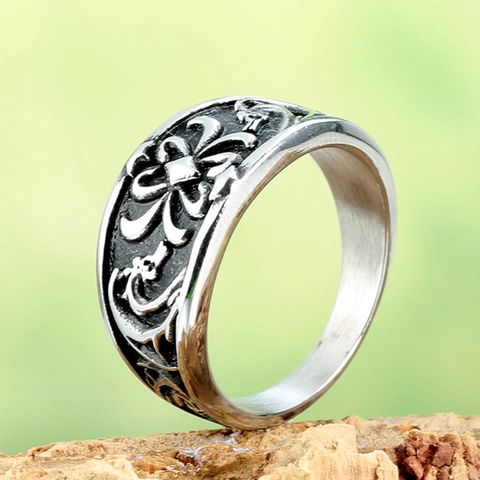 Vintage Titanium Steel Cross Ring For Men Punk Gothic Carved Flower Dragon Pattern Distressed Wide Band Jewelry Gift
