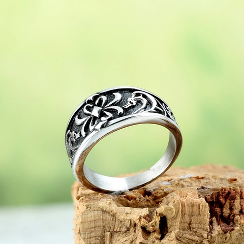 Vintage Titanium Steel Cross Ring For Men Punk Gothic Carved Flower Dragon Pattern Distressed Wide Band Jewelry Gift