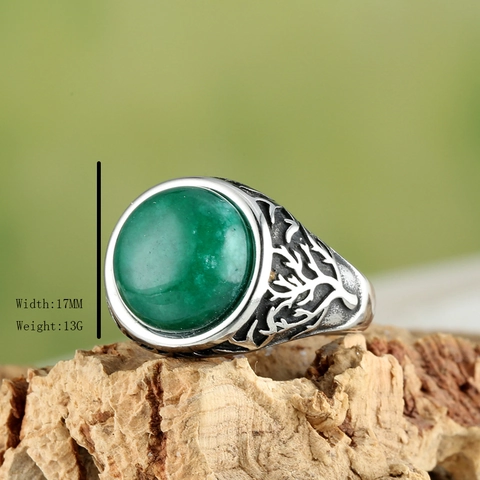 Vintage Stainless Steel Tree Of Life Ring For Men With Round Gemstone Retro Gothic Style Jewelry For Daily Party Gifts