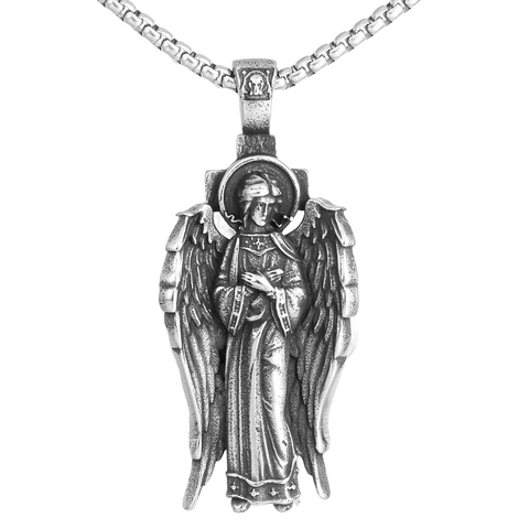 Collana con Ciondolo Preghiera Ali d'Angelo in Acciaio Inossidabile Vintage Gioielli a Croce in Rilievo Fede Religiosa per Uomo Donna
